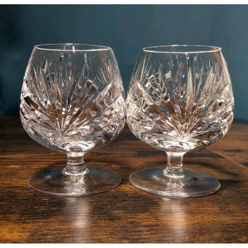 2 Crystal Cut Criss Cross Fan Cherrywood Pattern Brandy Glass Snifter Beautiful